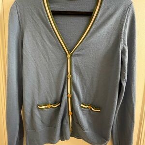 Tory Burch Blue V-Neck Cardigan with Green Accents